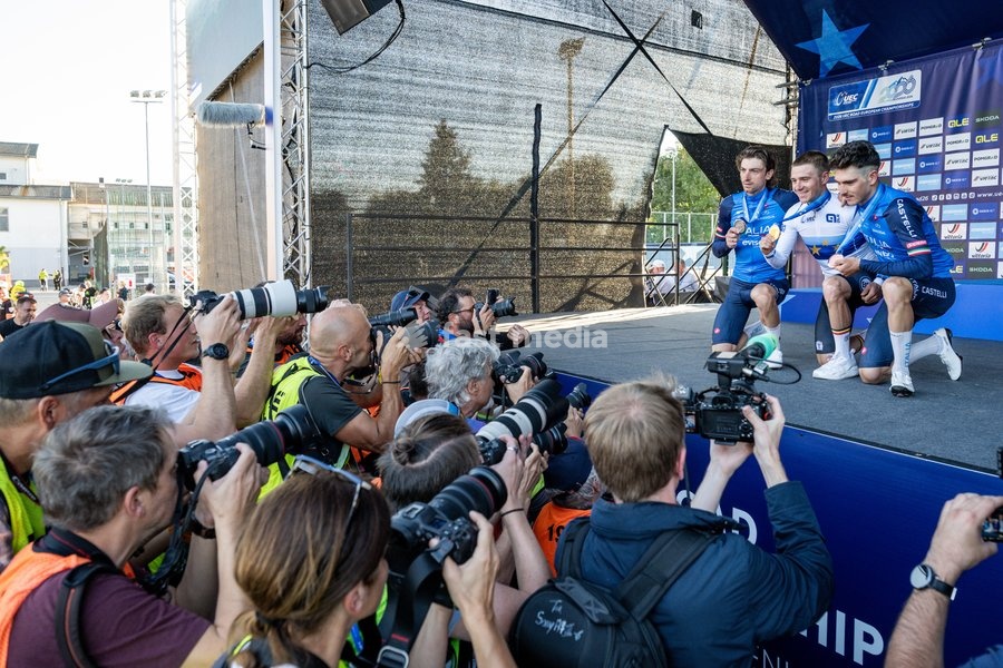 Italy's Giulio Ciccone; Belgium's Remco Evenepoel and Italy's Christian Scaroni pictured on the podium after the elite men Road Race race (196,2 km) at the cycling UEC Road European Championships, in Ljubljana, Slovenia Sunday 4 October 2026. The UEC Road European Championships are taking place…