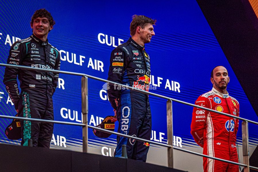 (L to R) Andrea Kimi Andonelli, Max Verstappen and Lewis Hamilton on Podium of the Race during the Race of Formula 1 Gulf Air Bahrain Grand Prix in Malaysia 2026 at Sepang International Circuit in Sepang, Malaysia. Round 16 of 23 of the 2026 FIA Formula One World Championship, held October 2-4,…