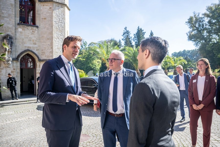 Netherlands' Minister of Infrastructure and Water Management Vincent Karremans; Flemish Minister-President Matthias Diependaele and Dutch Prime Minister Rob Jetten are pictured at the High Level Haventop (Harbor Summit) on the future of European ports and industry, organized by Flanders, the…