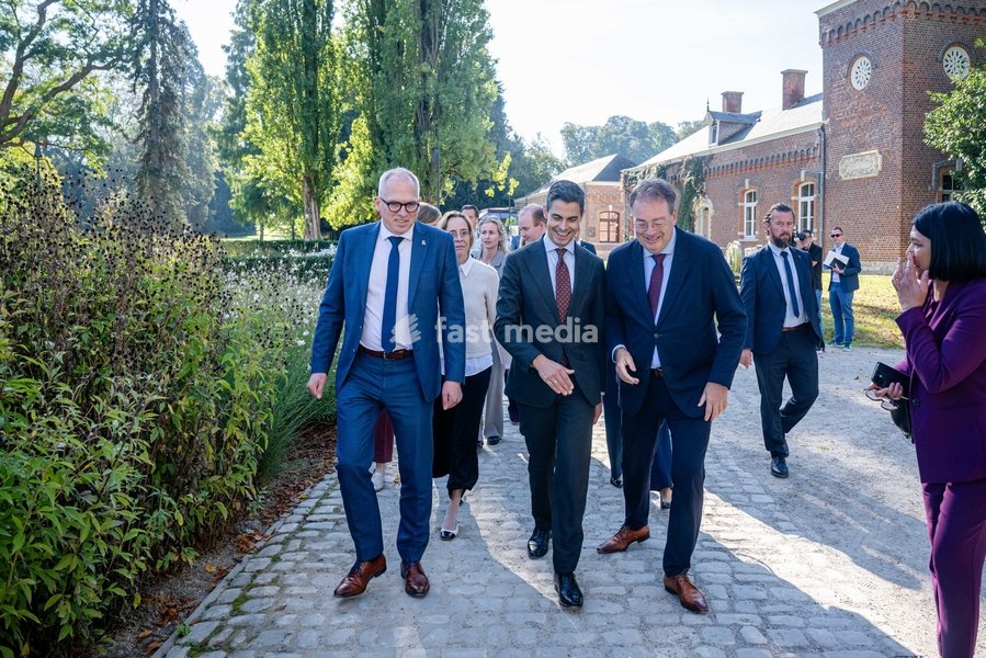 Flemish Minister-President Matthias Diependaele, Dutch Prime Minister Rob Jetten and Rob Smeets CEO Port Of Antwerp & Bruges are pictured at the High Level Haventop (Harbor Summit) on the future of European ports and industry, organized by Flanders, the Netherlands and North Rhine-Westphalia,…