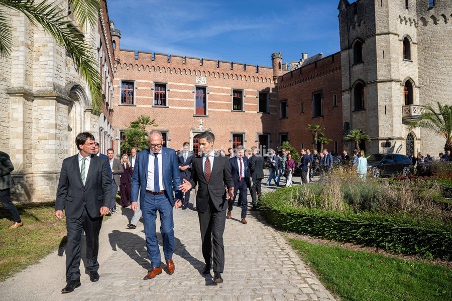 North Rhine-Westphalia·s Finance Minister Marcus Optendrenk; Flemish Minister-President Matthias Diependaele and Dutch Prime Minister Rob Jetten are pictured at the High Level Haventop (Harbor Summit) on the future of European ports and industry, organized by Flanders, the Netherlands and North…