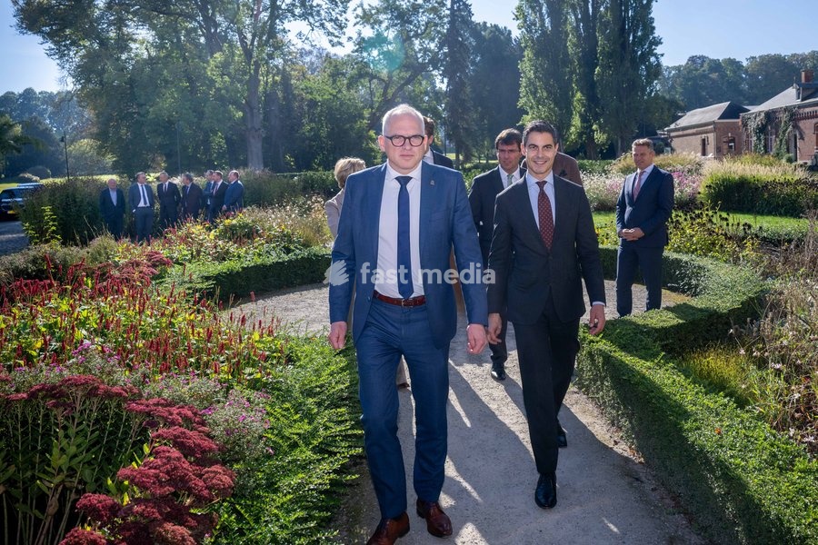 Flemish Minister-President Matthias Diependaele and Dutch Prime Minister Rob Jetten are pictured at the High Level Haventop (Harbor Summit) on the future of European ports and industry, organized by Flanders, the Netherlands and North Rhine-Westphalia, Monday 5 October 2026, at the Botanic garden…