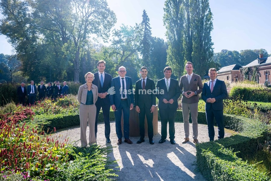 Flemish Minister for Mobility and Public Works Annick De Ridder; Netherlands' Minister of Infrastructure and Water Management Vincent Karremans; Flemish Minister-President Matthias Diependaele; Dutch Prime Minister Rob Jetten; North Rhine-Westphalia·s Finance Minister Marcus Optendrenk; Flemish…