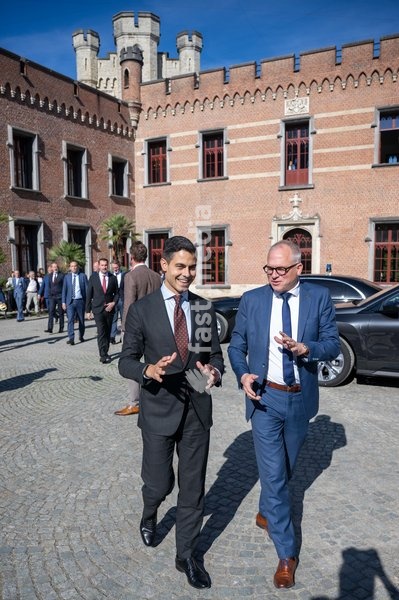 Dutch Prime Minister Rob Jetten and Flemish Minister-President Matthias Diependaele are pictured at the High Level Haventop (Harbor Summit) on the future of European ports and industry, organized by Flanders, the Netherlands and North Rhine-Westphalia, Monday 5 October 2026, at the Botanic garden…