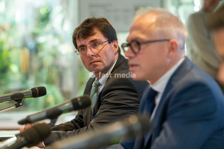 North Rhine-Westphalia·s Finance Minister Marcus Optendrenk and Flemish Minister-President Matthias Diependaele are pictured at the High Level Haventop (Harbor Summit) on the future of European ports and industry, organized by Flanders, the Netherlands and North Rhine-Westphalia, Monday 5 October…