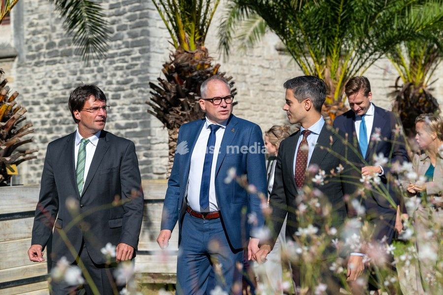 North Rhine-Westphalia·s Finance Minister Marcus Optendrenk; Flemish Minister-President Matthias Diependaele and Dutch Prime Minister Rob Jetten are pictured at the High Level Haventop (Harbor Summit) on the future of European ports and industry, organized by Flanders, the Netherlands and North…