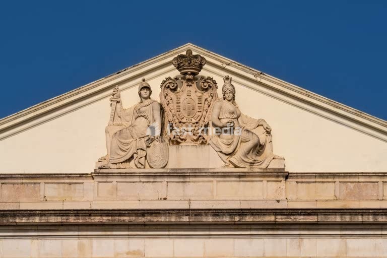 Coat of arms on the facade of Palacio National da Ajuda, Lisbon. The last Royal Palace of Portugal, built 1802-1861/2018