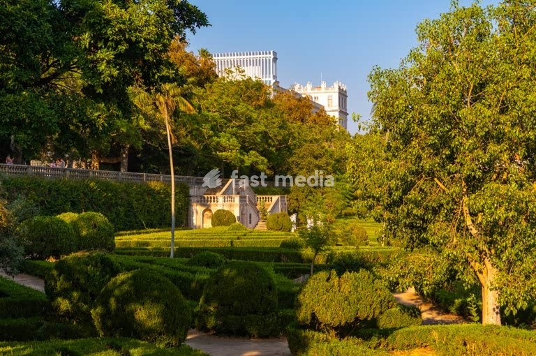 Elegant stone staircase and manicured hedges at Jardim Botânico da Ajuda in Lisbon, Portugal’s oldest botanical garden, bathed in evening light.