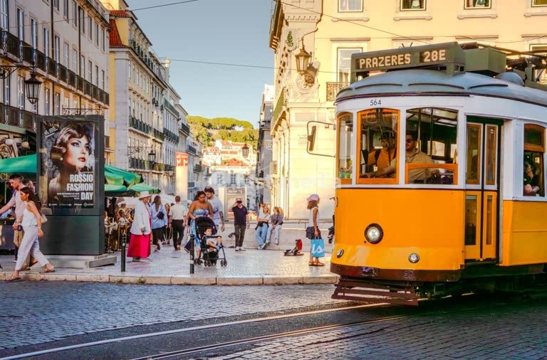 Historic Tram 28 passes Rua Garrett in Chiado, Lisbon, Portugal. Photo Peter Delius