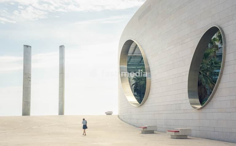 Lisbon, Portugal. Striking architecture of Fundação Champalimaud in Belém district, designed by Indian architect Charles Correa