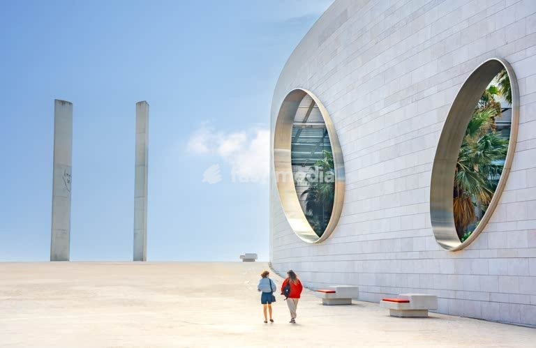 Lisbon, Portugal. Striking architecture of Fundação Champalimaud in Belém district, designed by Indian architect Charles Correa