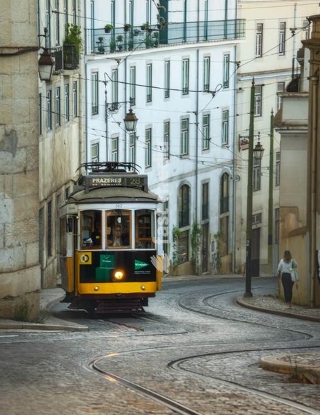 Iconic yellow tram in Lisbon, Portugal
