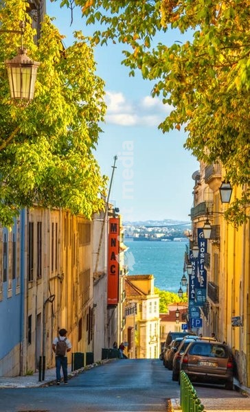 Chiado Museum street view with Tagus River, historic Chiado district, Lisbon, Portugal – iconic travel and lifestyle scene