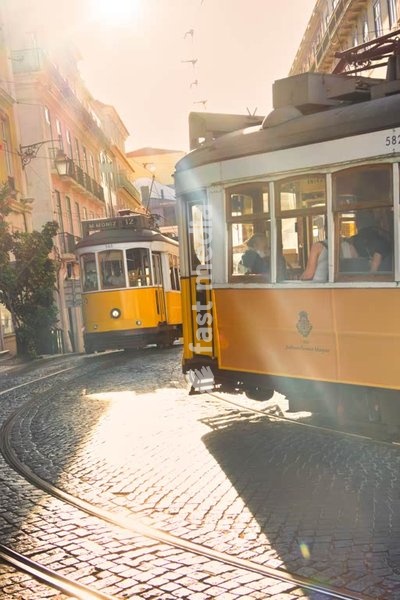 Iconic yellow tram in Lisbon, Portugal