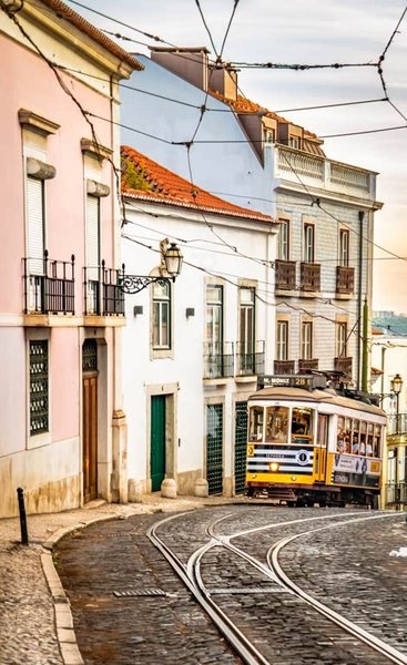 Iconic yellow tram in Lisbon, Portugal