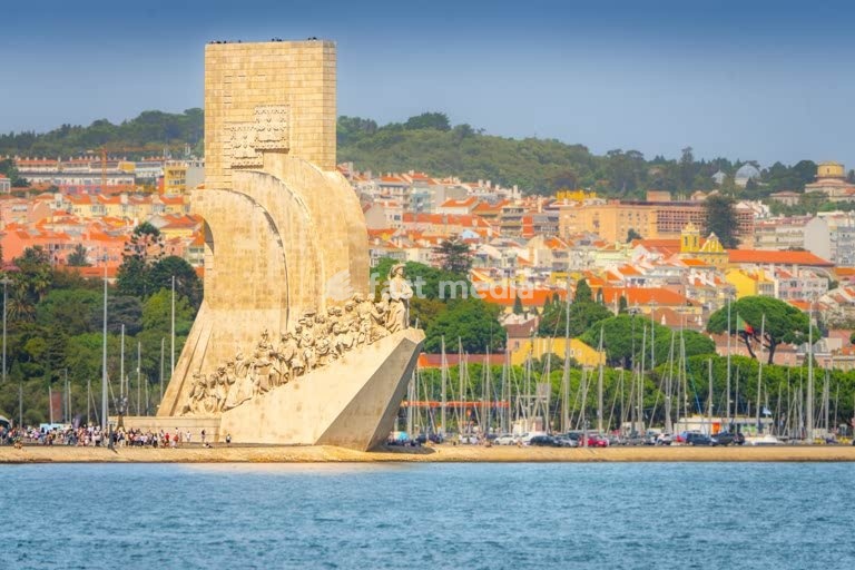 Monument to the Discoveries on Tagus River with 25 de Abril Bridge, Belém, Lisbon, Portugal