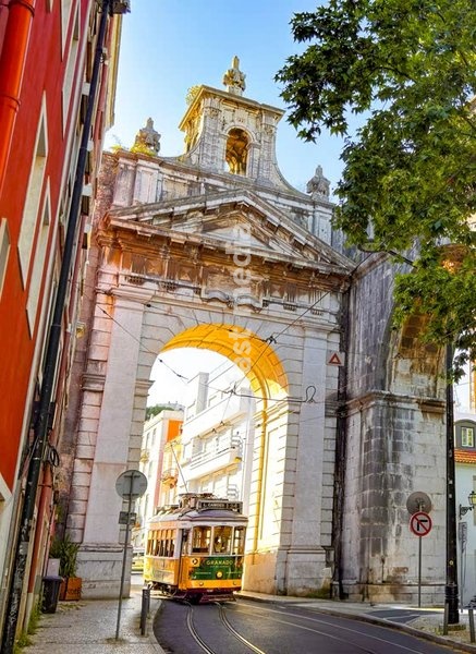 Iconic yellow tram in Lisbon, Portugal