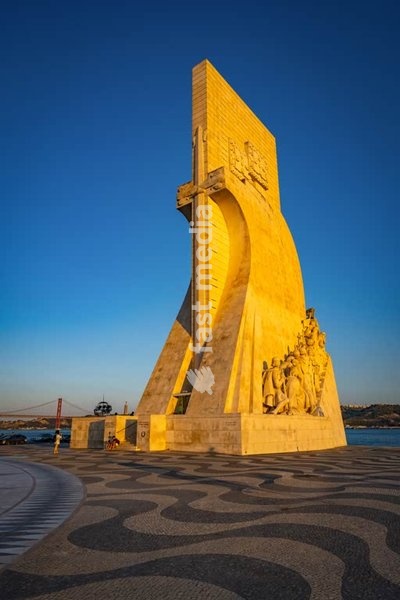 Monument to the Discoveries on Tagus River with 25 de Abril Bridge, Belém, Lisbon, Portugal