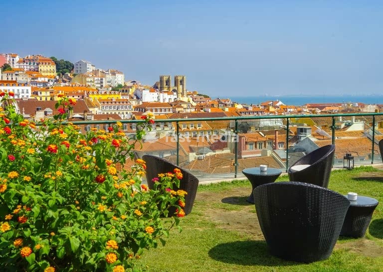 Lisbon, Portugal – rooftop bar in Chiado with view over Baixa, Alfama, the cathedral, and the Tagus River