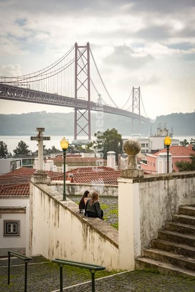 Lissabon, Portugal – Zwei Frauen im Gespräch, im Hintergrund die Brücke über den Tejo