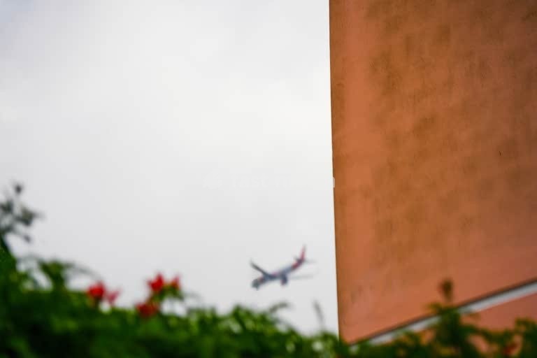 Lisbon, Portugal – A distant plane passes an orange wall above a garden on an overcast day