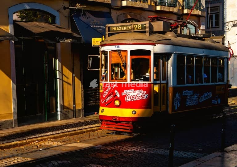 Iconic yellow tram in Lisbon, Portugal