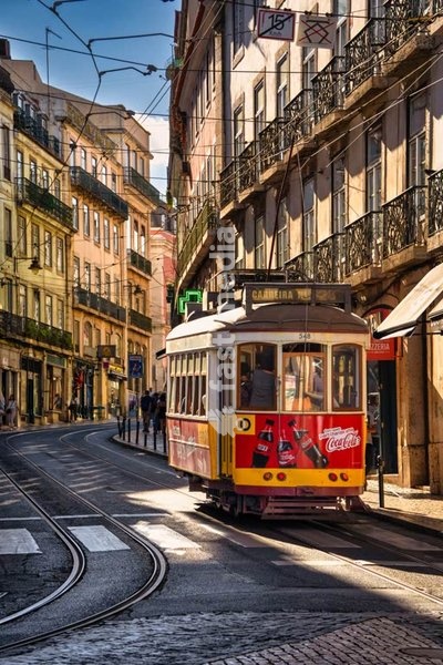 Iconic yellow tram in Lisbon, Portugal