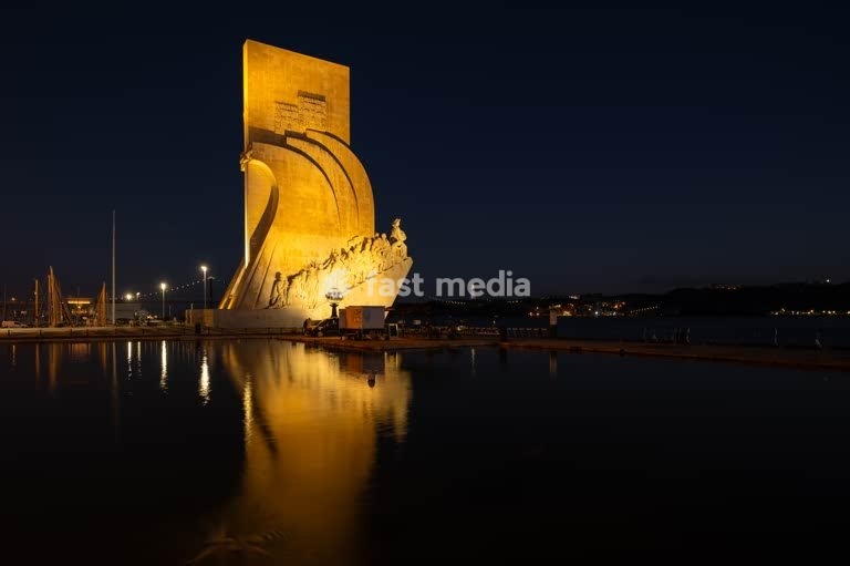 Discoveries monument (Padrão dos Descobrimentos) illuminated at night, Belém, Lisbon, Portugal