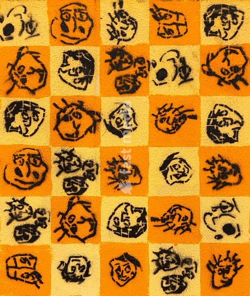 Checkerboard wall mural with sketched faces, azulejo-inspired pattern, Lisbon, Portugal