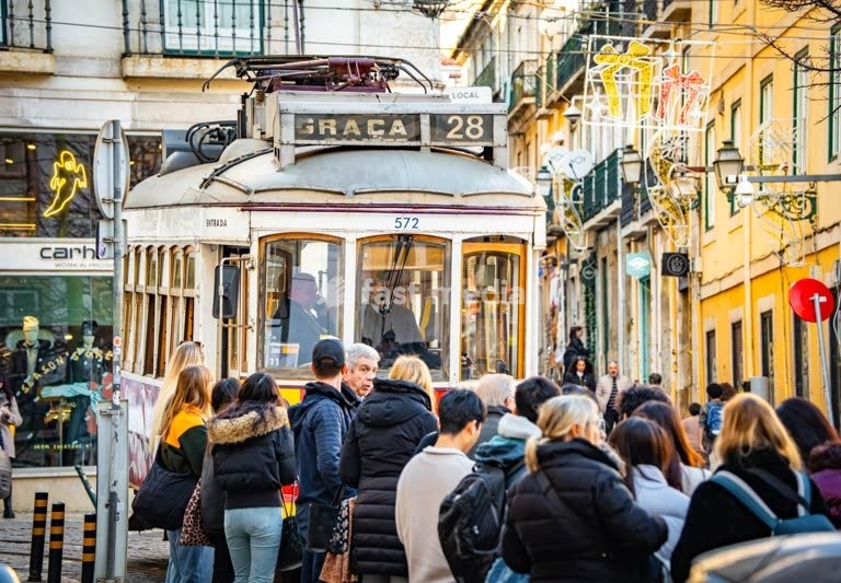 Iconic yellow tram in Lisbon, Portugal