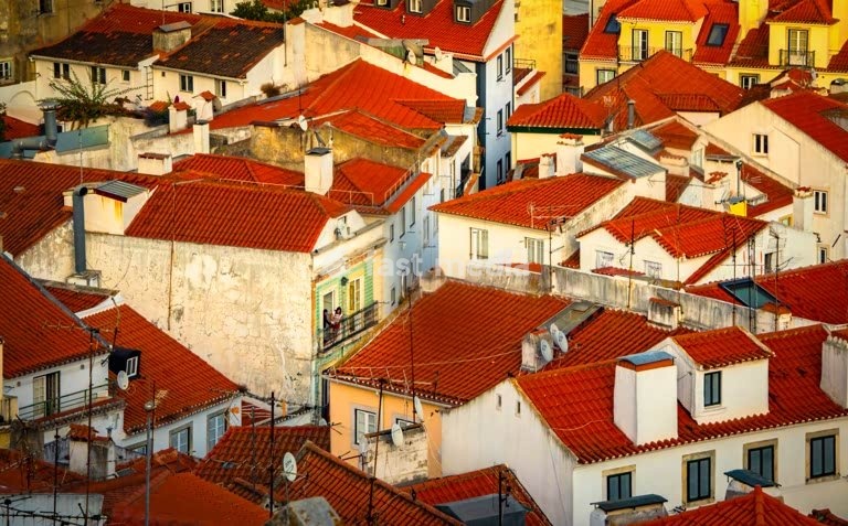 Buildings and rooftops in Alfama, Lisbon, Portugal