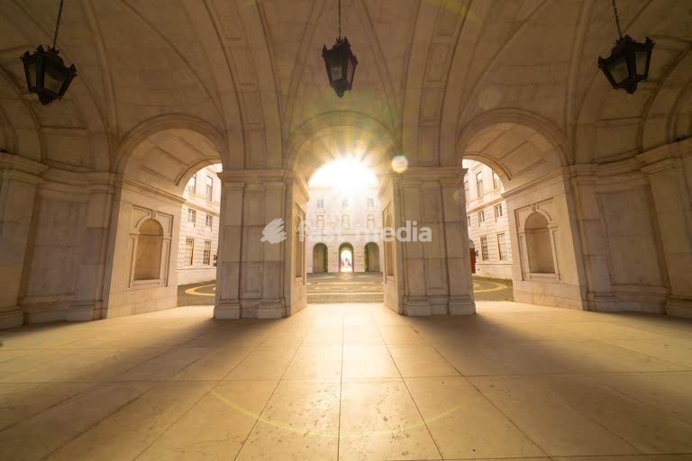 Vaulted arcade, lanterns, sunburst through arch, Ajuda National Palace, Belém, Lisbon, Portugal