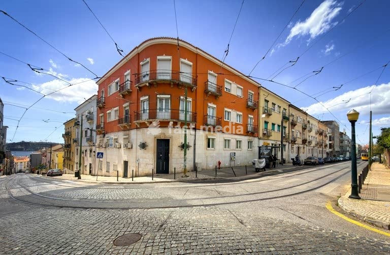 Street corner with tram in Ajuda, Lisbon, Portugal