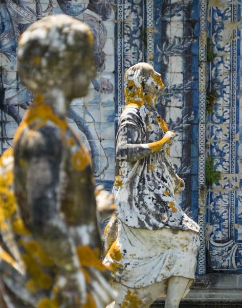 Braoque statues in Palacio Fronteira baroque gardens in Lisbon, Portugal, showcasing 17th century Portuguese aristocratic life style