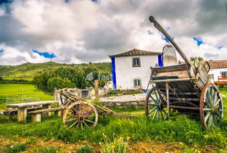 Traditional ox cart at Aldeia da Mata Pequena, rural Portugal, whitewashed farmhouse and rolling hills