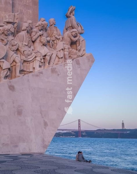 Monument to the Discoveries, Belém, Lisbon, Portugal, explorers overlook Tagus at dusk