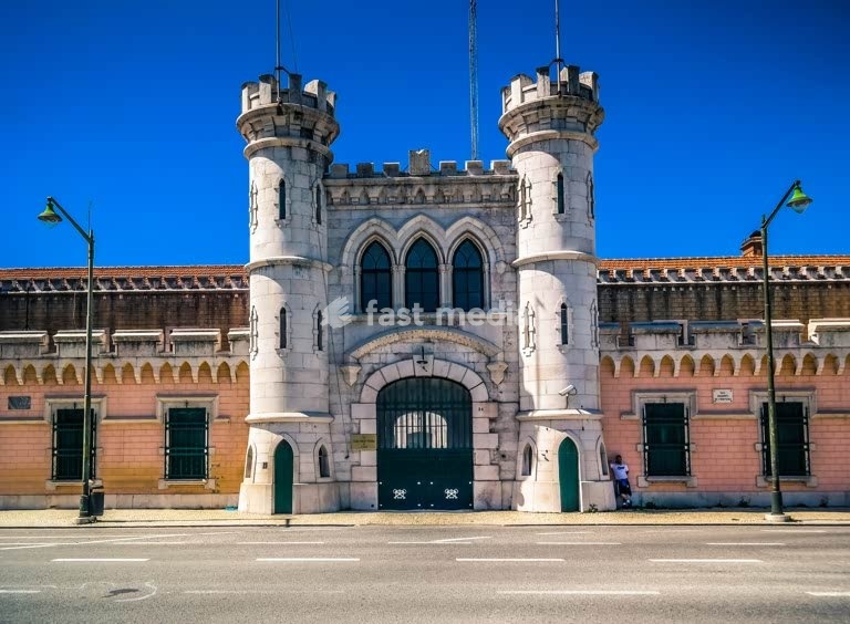 Castellated neo-Gothic entrance gate of the Cadeia de Lisboa (Lisbon's central penitentiary) in the Campolide district