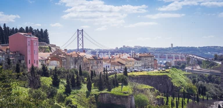 Lisbon is built on hills. Panoramic view of Lisbon Alcantara and 25 de Abril Bridge, Portugal