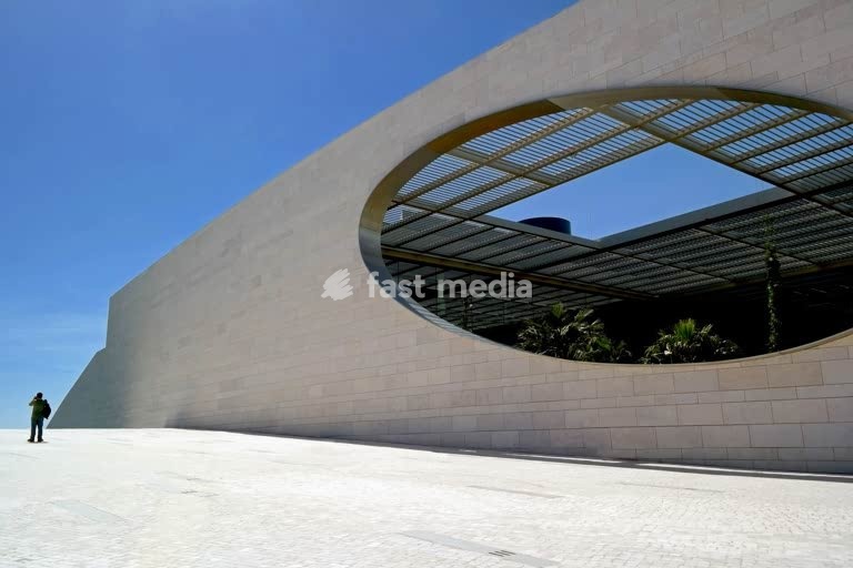 Lisbon, Portugal. Striking architecture of Fundação Champalimaud in Belém district, designed by Indian architect Charles Correa