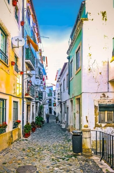 Lisbon. Narrow alley in the arabic rooted Alfama neighborhood