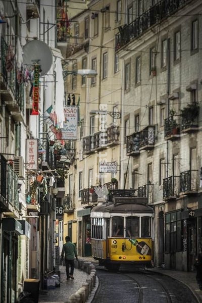 Lisbon, Portugal. Traditional tram 12 in Rua Cavaleiros