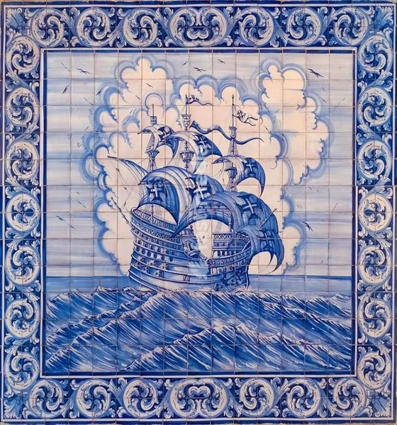 Lisbon. Typical Portuguese tiles (Azulejos) showing a caravella sail ship as was used by the discoverers in the 15.-16. century
