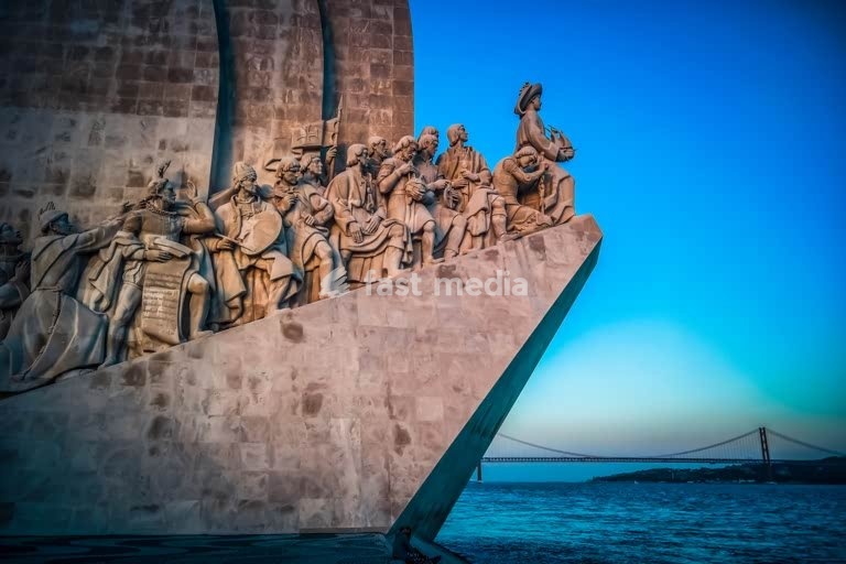 Monument to the Discoveries (Padrão dos Descobrimentos) with carved figures of Portuguese explorers, Belém, Lisbon, Portugal