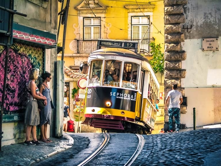Lisbon, Portugal. Tram in the Alfama district