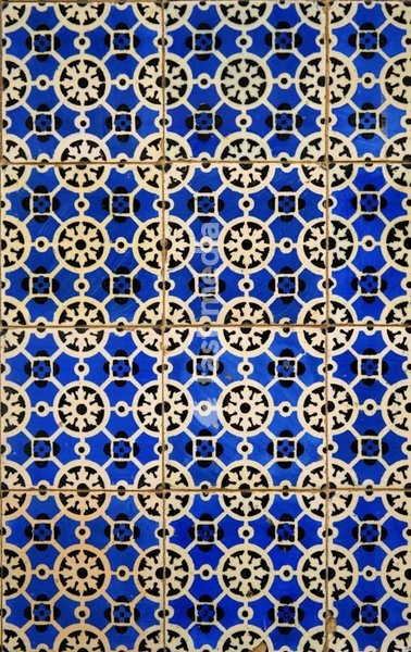 Traditional Portuguese azulejo tiles with geometric pattern, vintage ceramic wall decoration Portugal