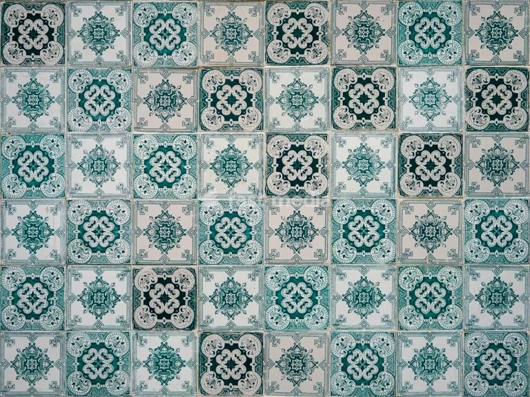 Traditional Portuguese azulejo tiles with geometric pattern, vintage ceramic wall decoration Portugal