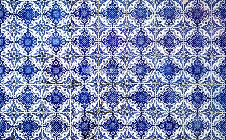 Traditional Portuguese azulejo tiles with geometric pattern, vintage ceramic wall decoration Portugal