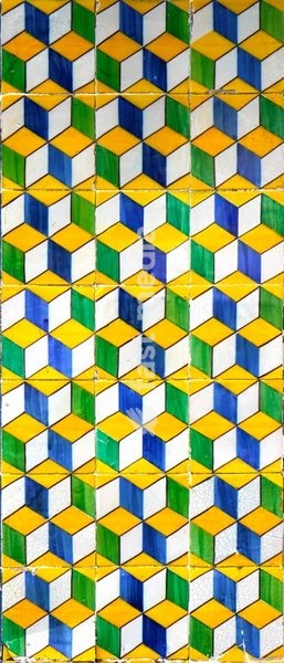 Traditional Portuguese azulejo tiles with geometric pattern, vintage ceramic wall decoration Portugal