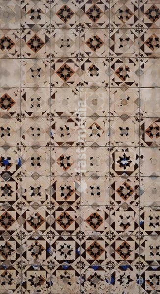 Traditional Portuguese azulejo tiles with geometric pattern, vintage ceramic wall decoration Portugal