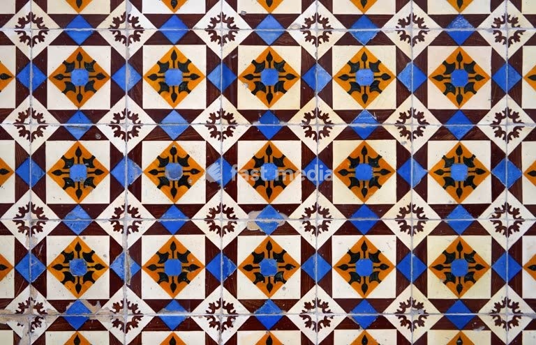 Traditional Portuguese azulejo tiles with geometric pattern, vintage ceramic wall decoration Portugal